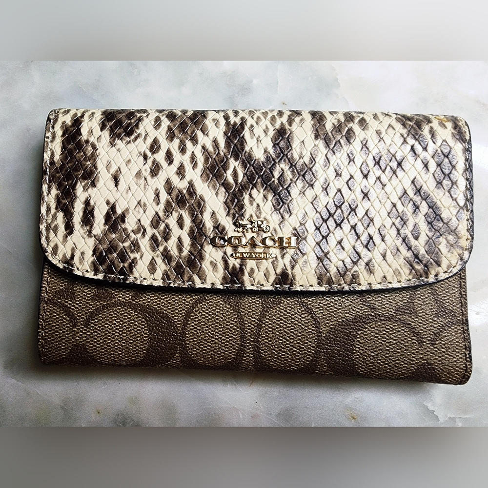 Coach Snake Print and Brown Women's Medium Trifold Wallet